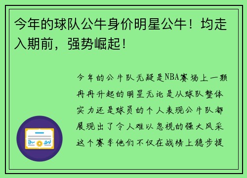 今年的球队公牛身价明星公牛！均走入期前，强势崛起！