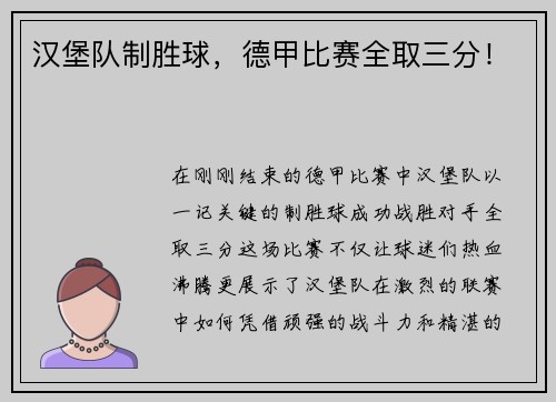 汉堡队制胜球，德甲比赛全取三分！