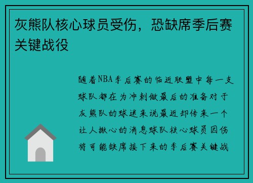 灰熊队核心球员受伤，恐缺席季后赛关键战役